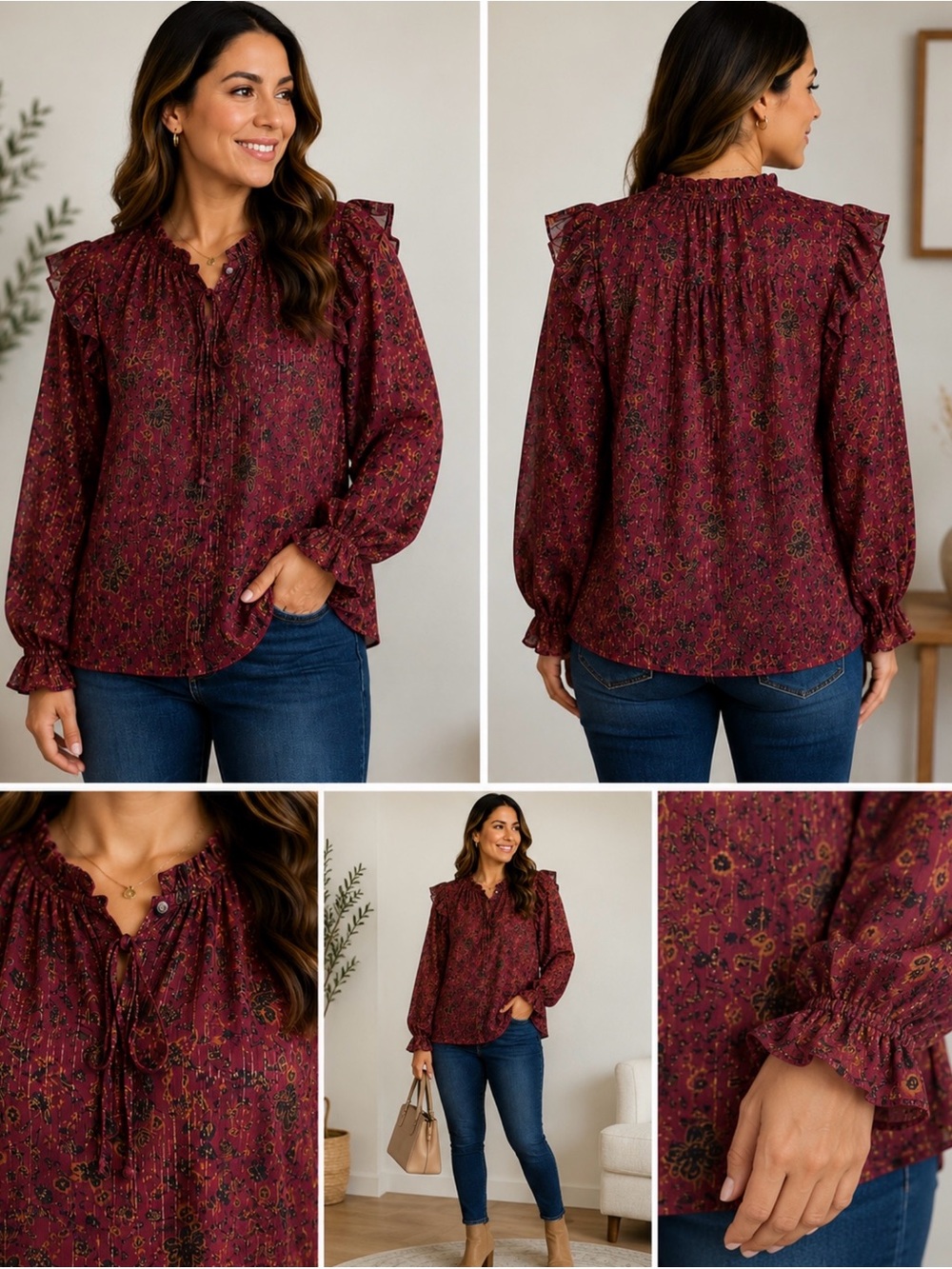 Sugarlips Women’s 1X Burgundy Floral Ruffle Long Sleeve Sheer Blouse